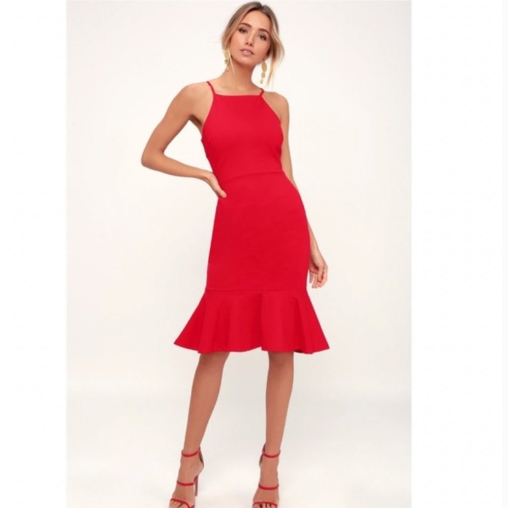 Lulu's This Could Be Love Red Bodycon Midi Length Dress Size M